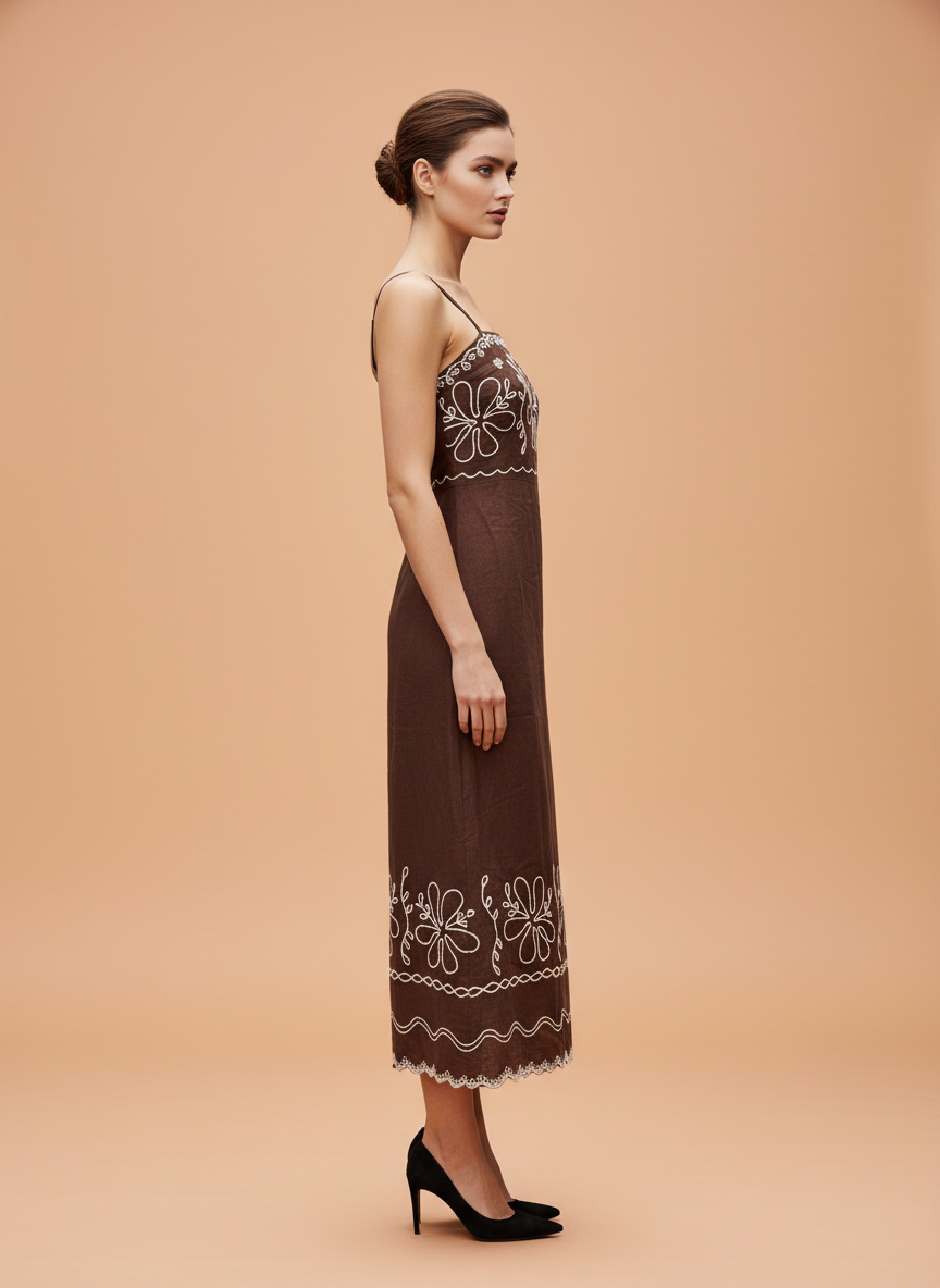 Elegant Brown Embroidered Midi Dress for Women