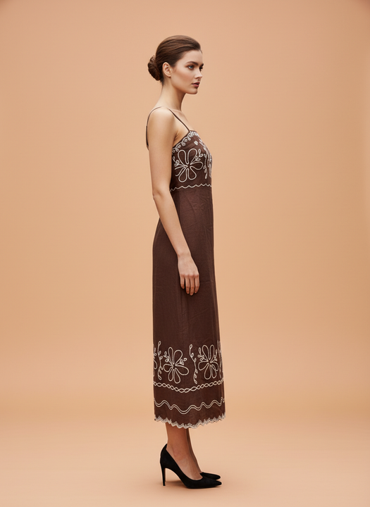 Elegant Brown Embroidered Midi Dress for Women