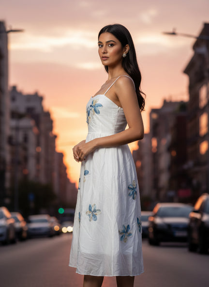 Elegant White Floral Appliqué Midi Dress for Women