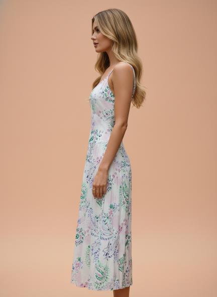 Rayon Printed Fit & Flare V Neck Shoulder Strap Maxi Dress