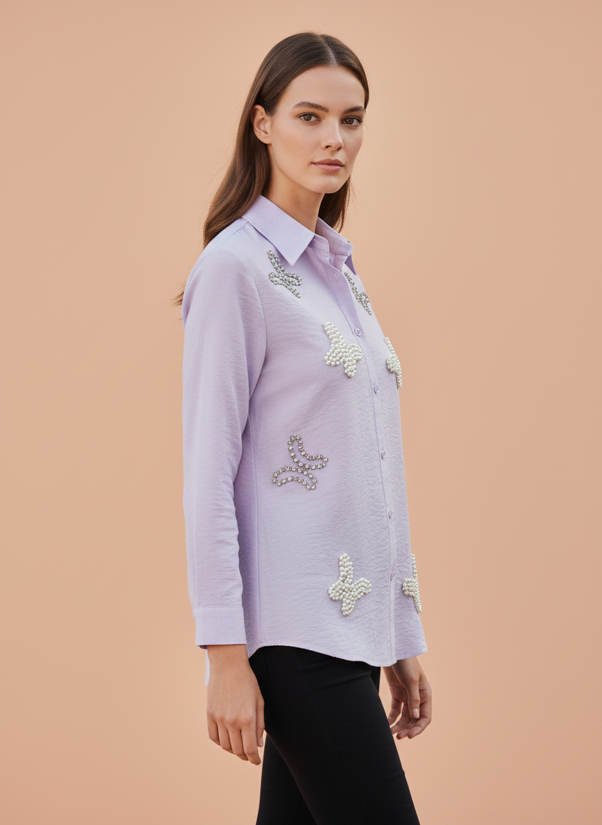 Lavender Pearl Embellished Designer Womens Shirt