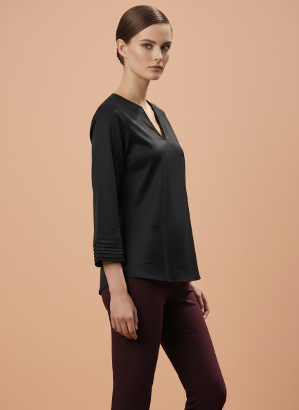 European Satin V Neck Long Sleeve Top