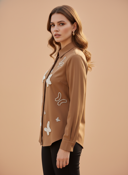 Mocha Luxe Pearl Butterfly Embellished Designer Shirt