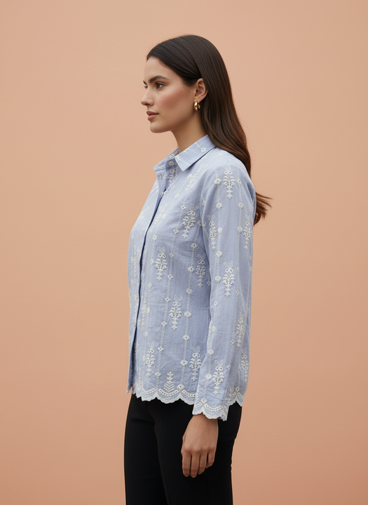 Elegant Aqua Embroidered Women’s Shirt