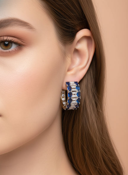 Elegant Blue & Silver Cubic Zirconia Crystal Hoop Earrings for Women