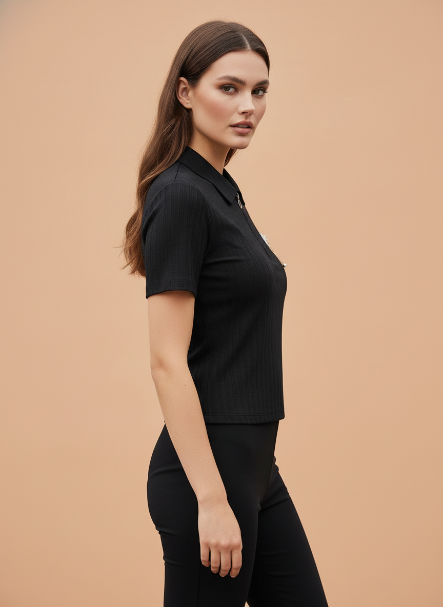 Women’s Black Ribbed Knit Quarter Zip Polo T-Shirt