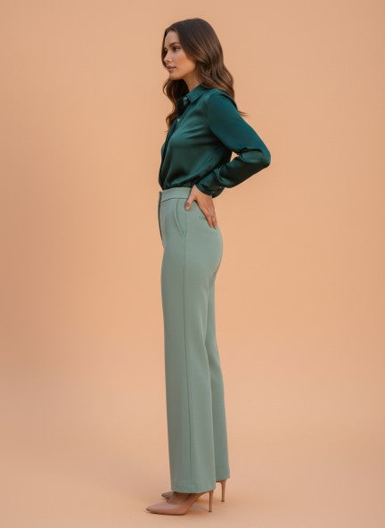 Banana Crepe Sage Green Flared Trouser With Slash Pocket