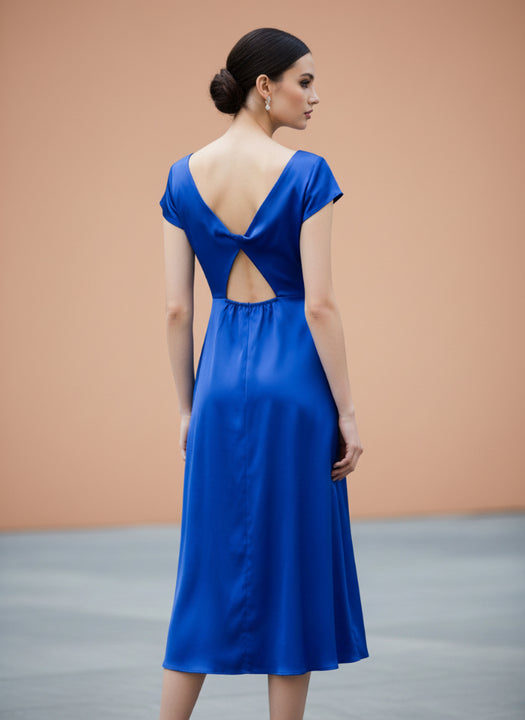 European Satin Royal Blue Midi Dress