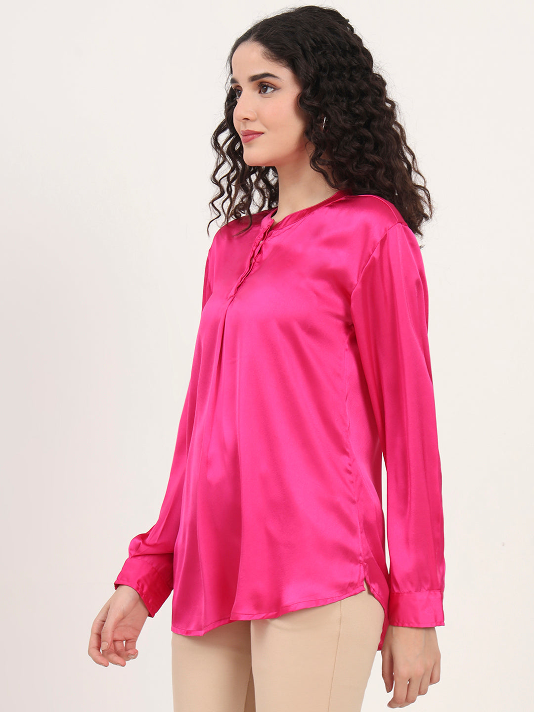 Summer Satin Magenta Front Pleated Tunic
