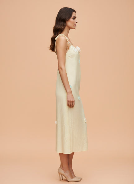 Elegant Floral Strap Midi Dress  Soft Pastel Yellow