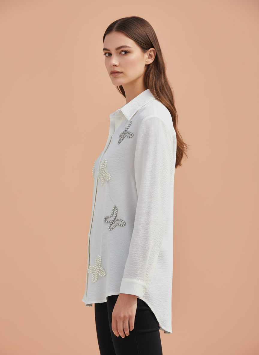 Ivory Elegance Pearl Embellished Designer Shirt
