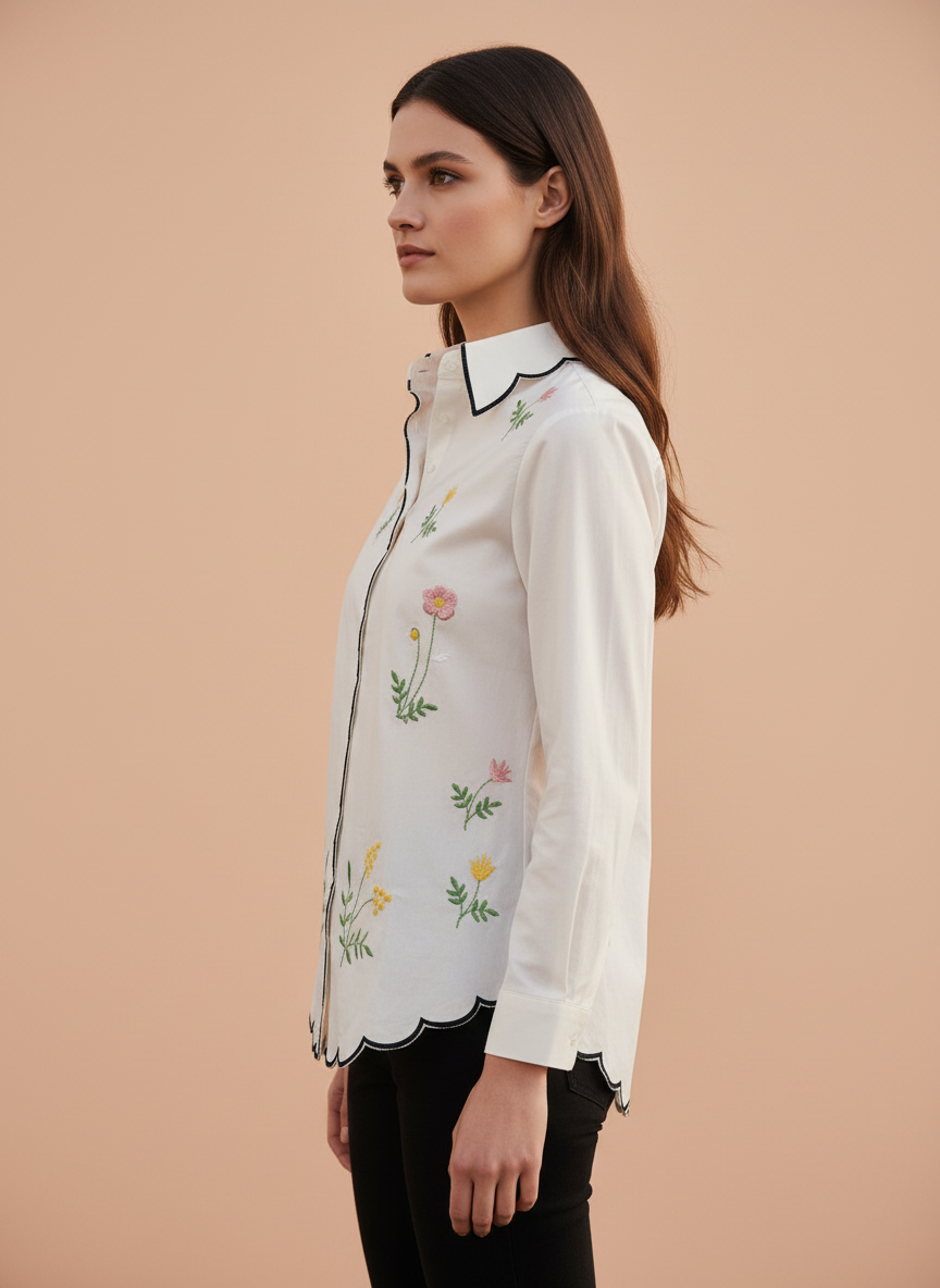 Elegant Ivory Floral Embroidered Scallop Edge Shirt for Women