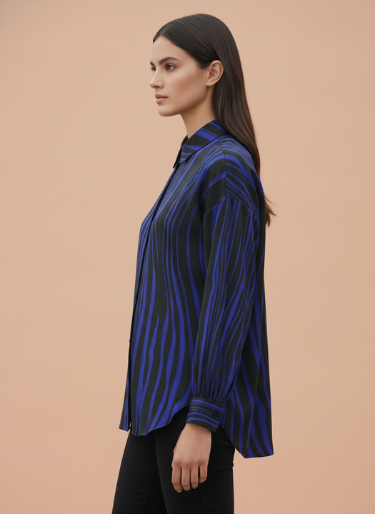 Women's Black & Blue Wavy Striped Oversized Shirt