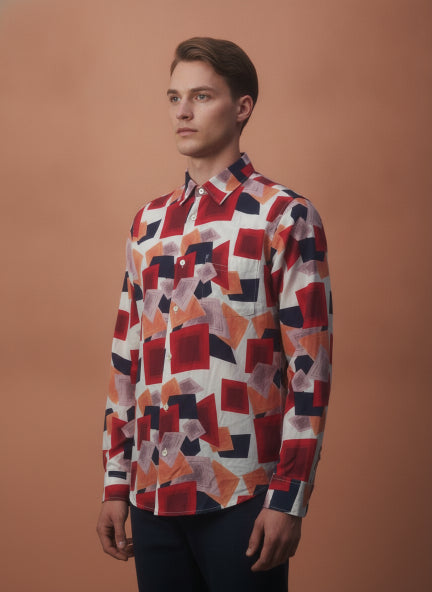 Men'S Premium Rayon Shirt With Red And Blue Print