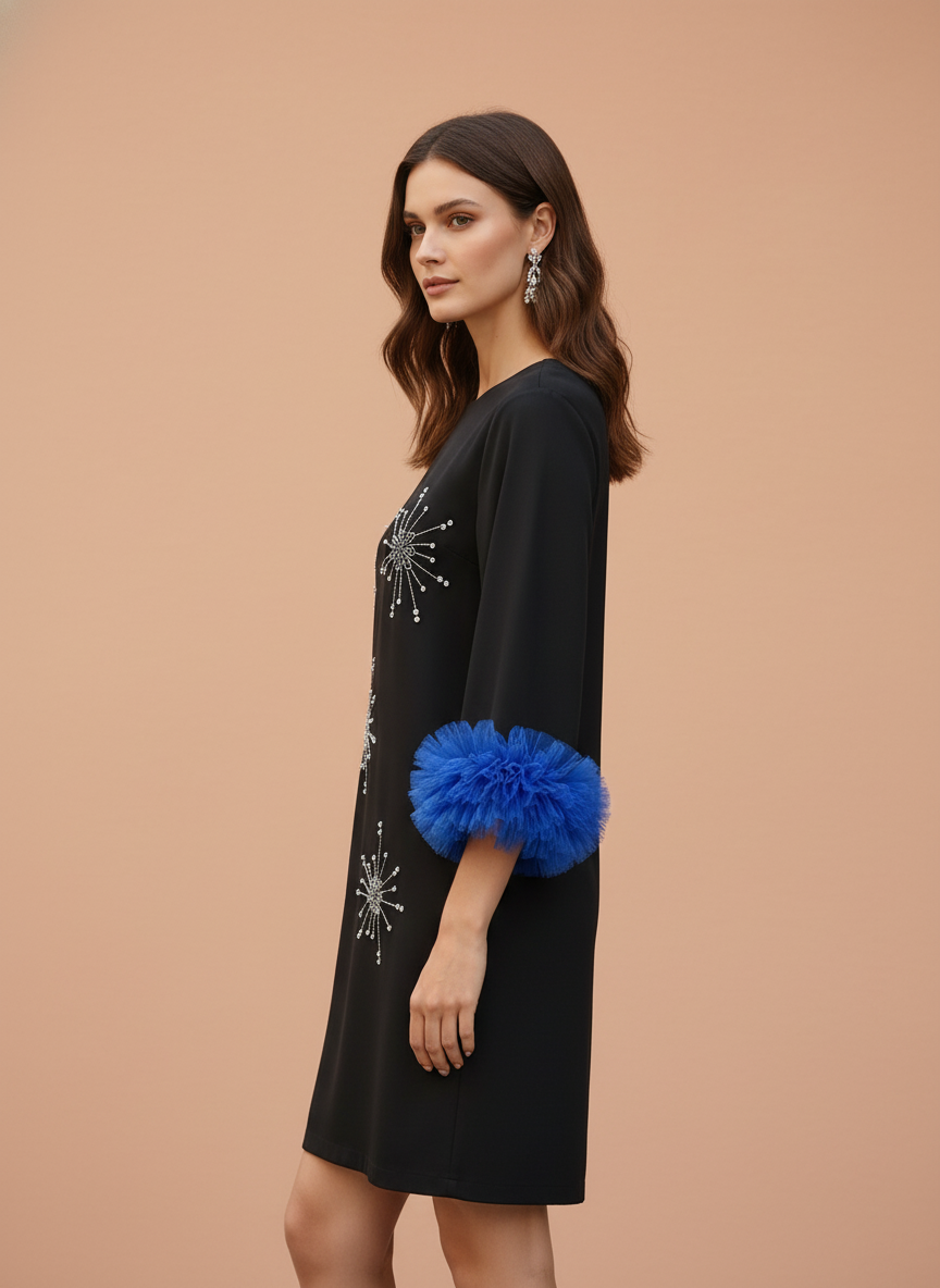 Elegant Black Embellished Shift Dress with Statement Sleeves