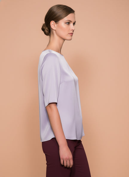 European Satin Solid Crew Neck Top