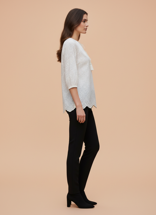 Chic Cutwork Women’s Top with Tassel Tie