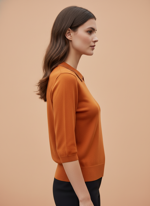 Burnt Orange Knit Top with Embellished Peter Pan Collar
