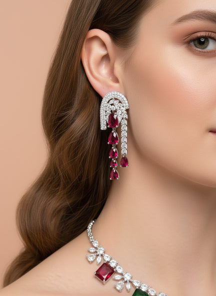 Luxury Silver-Tone Cubic Zirconia Ruby & Emerald Statement Necklace & Earrings Set