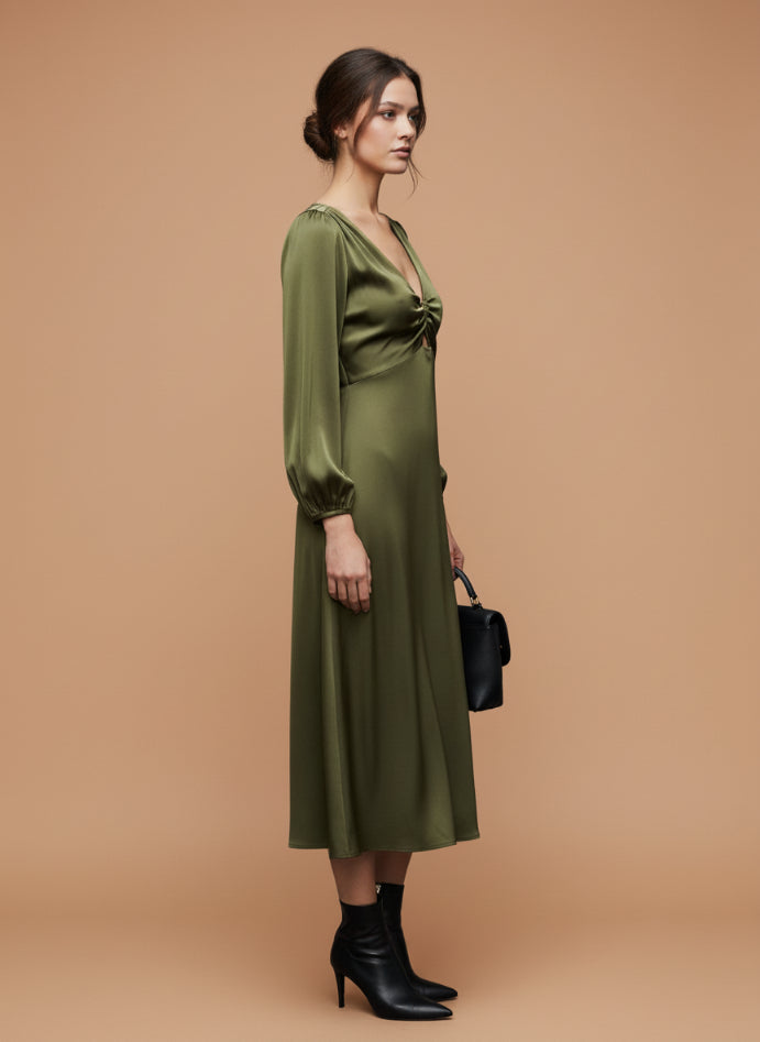 European Satin Midi Dress Olive