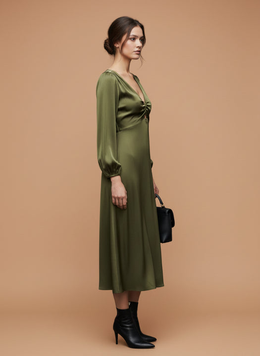 European Satin Midi Dress Olive