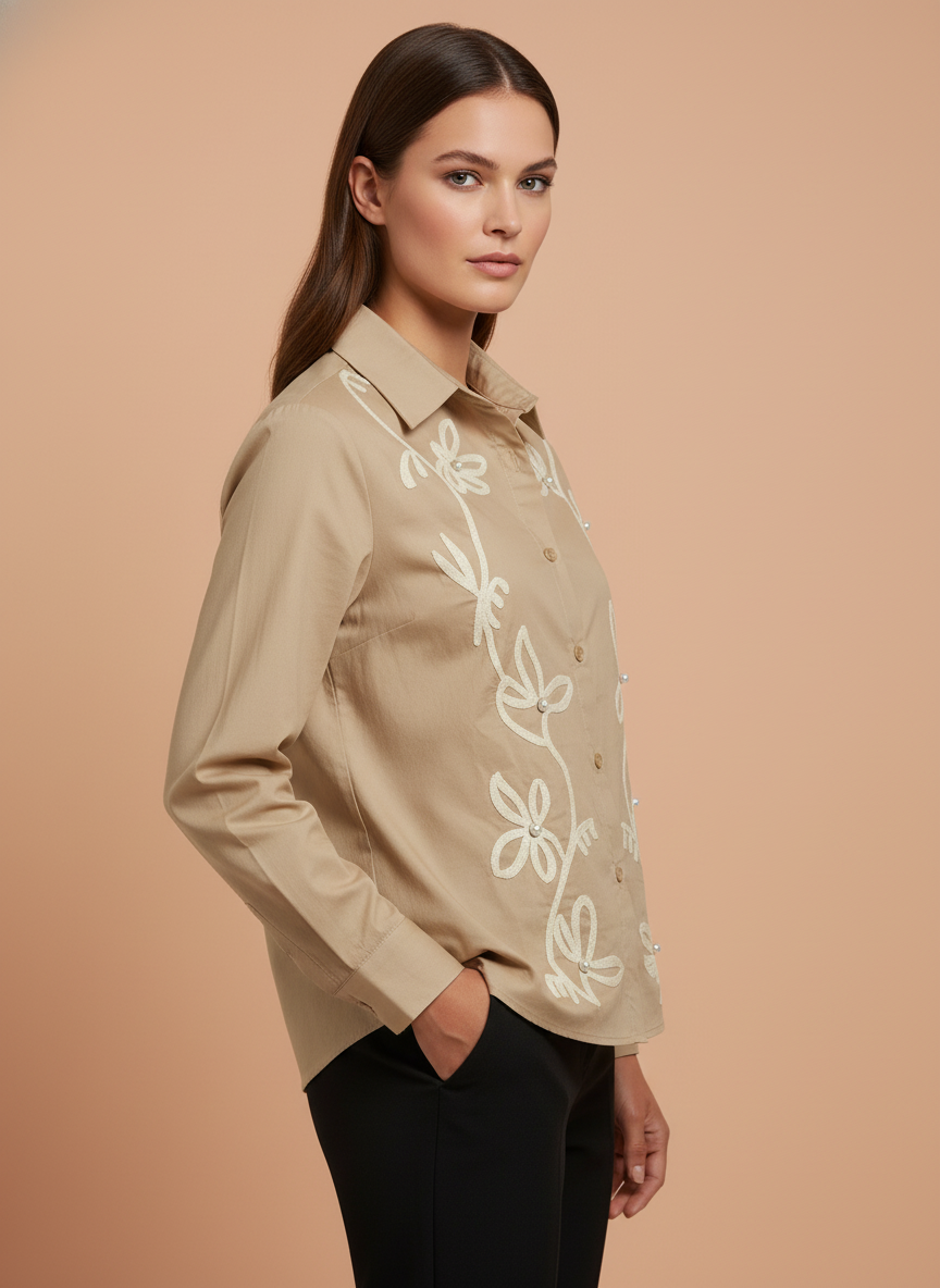 Elegant Beige Floral Embroidered Shirt for Women