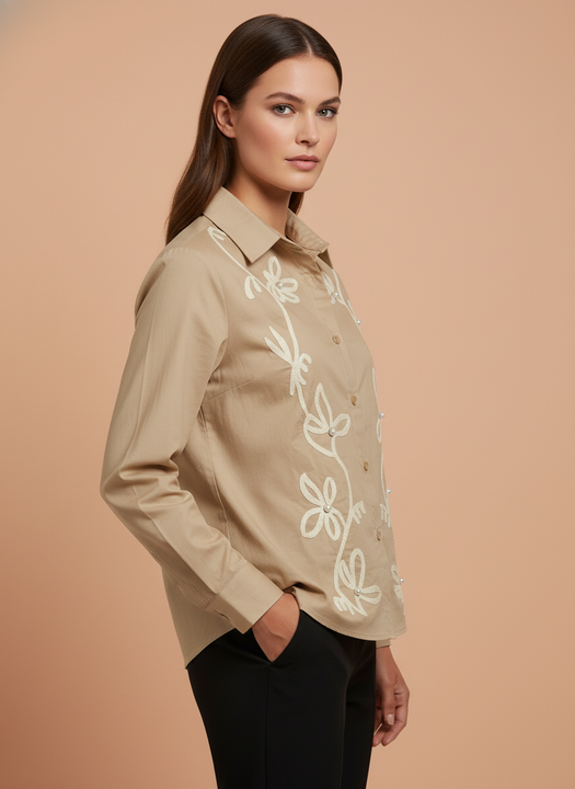 Elegant Beige Floral Embroidered Shirt for Women