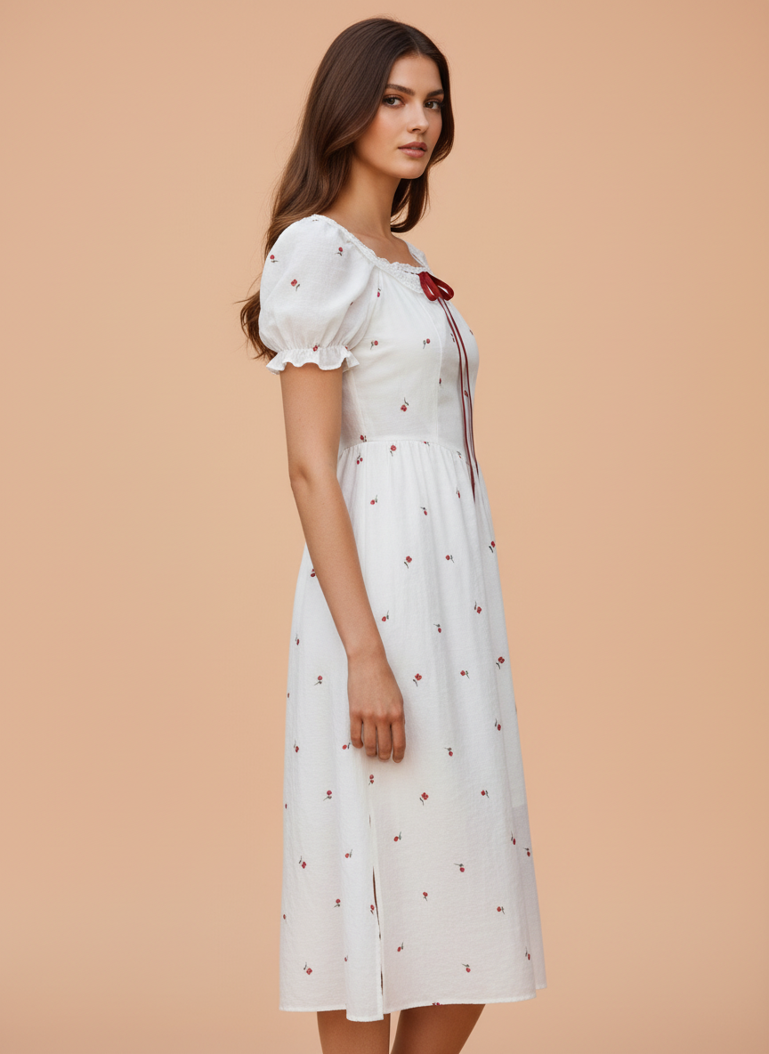 Elegant White Floral Printed Midi Dress for Women