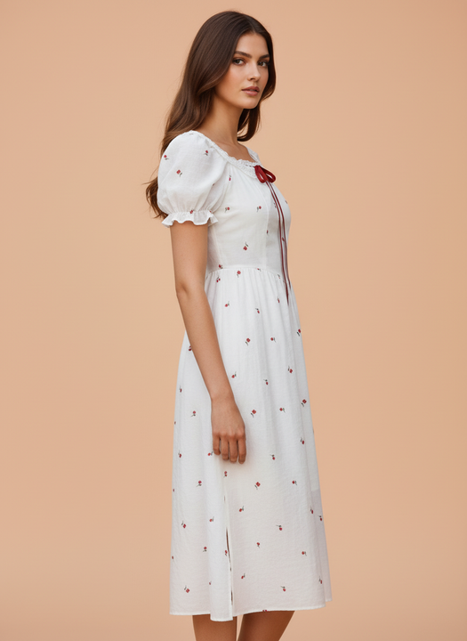 Elegant White Floral Printed Midi Dress for Women