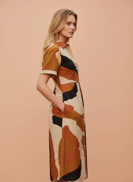 Rayon Printed Puff Sleeve A Line Shirt Dress