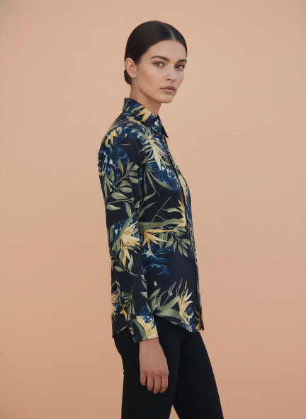 Women'S Premium Rayon Shirt With Jungle Print In Full Sleeve And Black Color