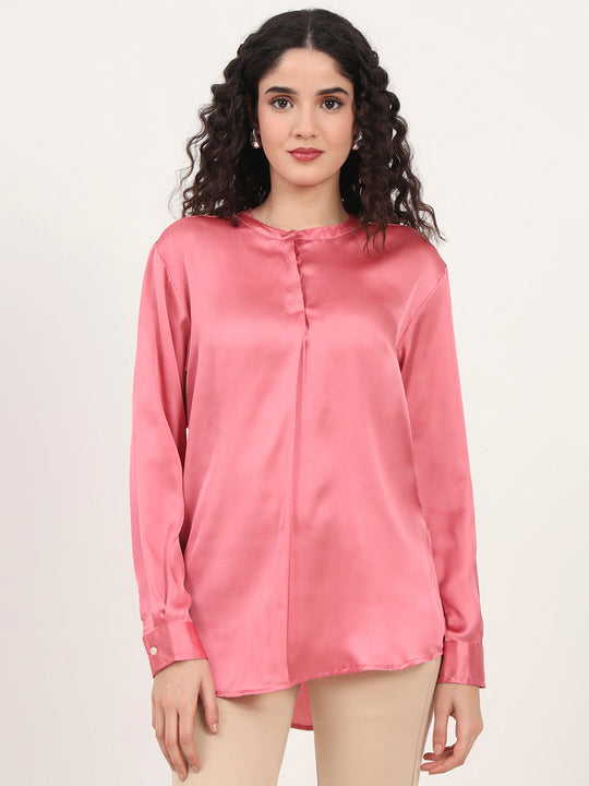Summer Satin Rose Pink Front Pleated Tunic