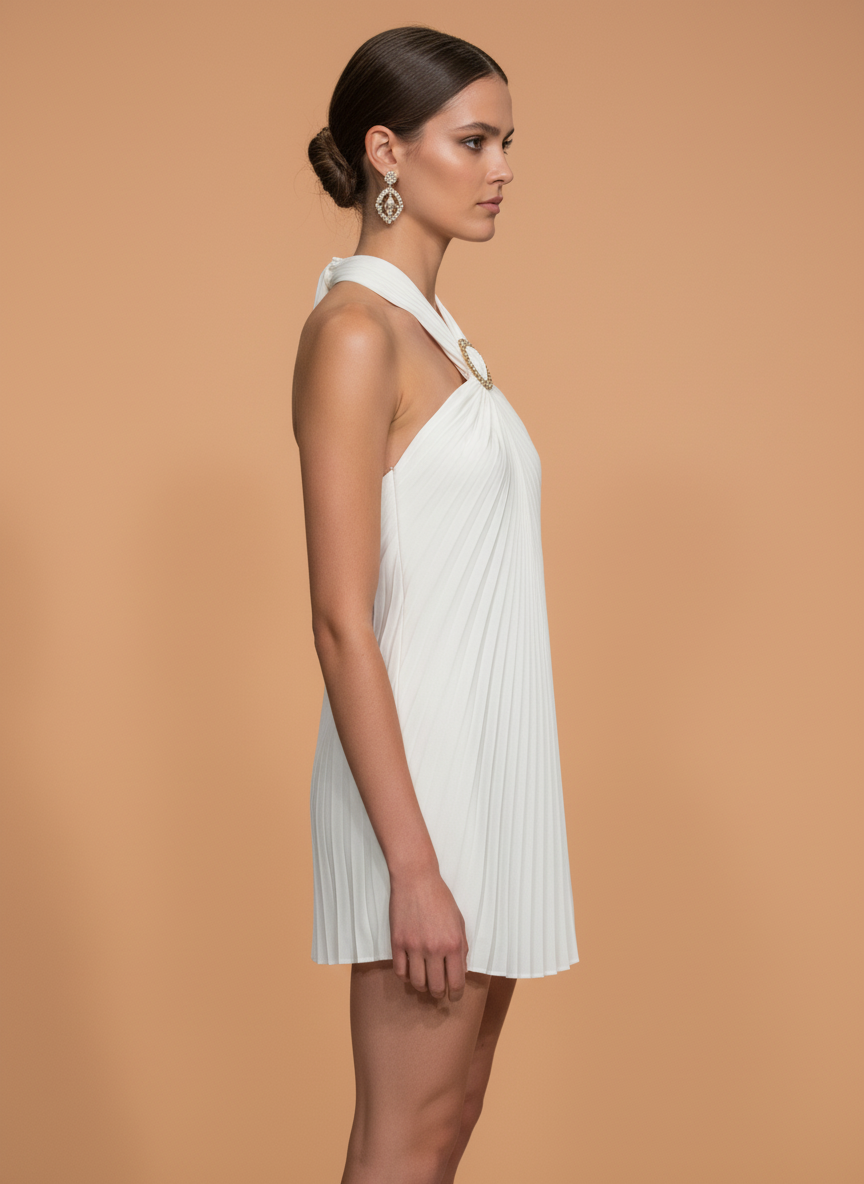 White Pleated Halter Neck Mini Dress with Rhinestone Buckle