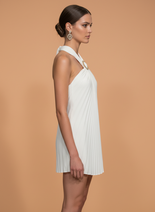 White Pleated Halter Neck Mini Dress with Rhinestone Buckle