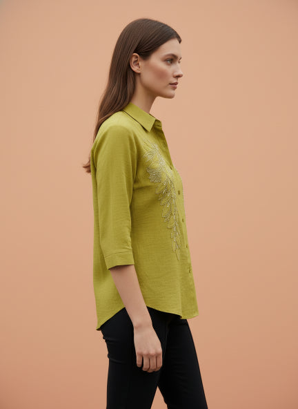 Luxury Olive Beaded Linen Shirt
