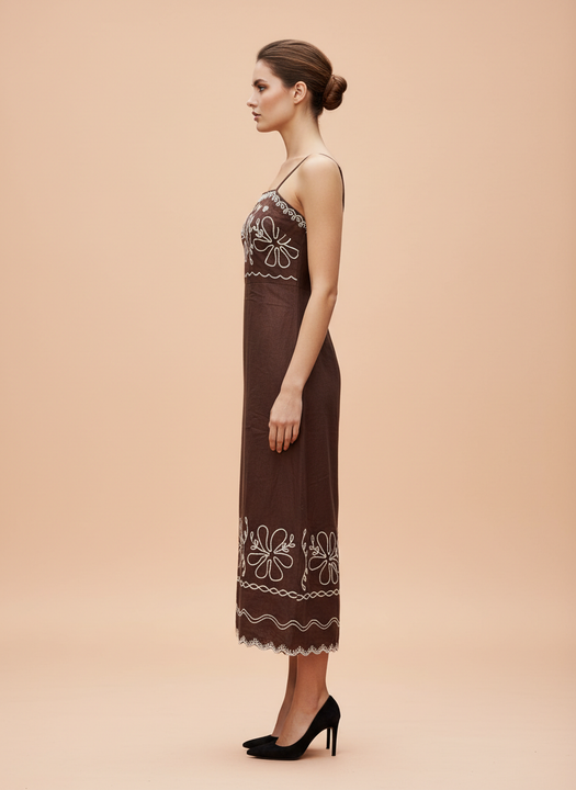 Elegant Brown Embroidered Midi Dress for Women