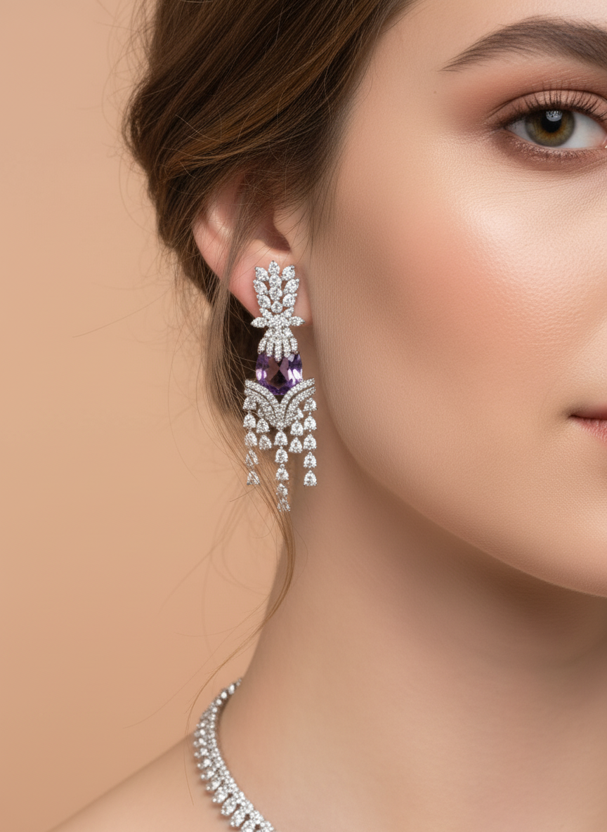 Elegant Amethyst Drop Cubic Zirconia Necklace & Earrings Set