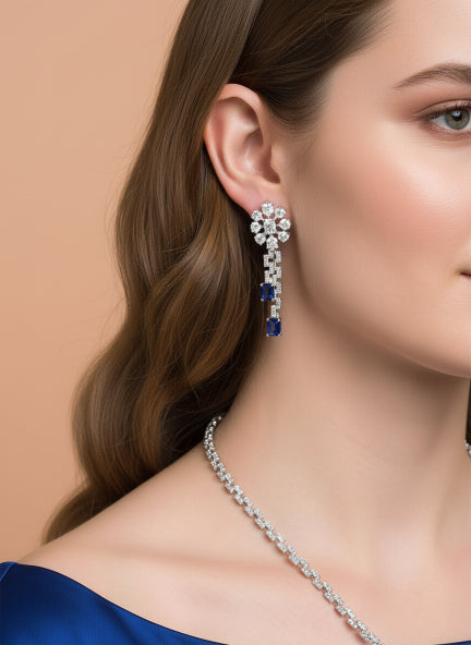 Blue Sapphire Cubic Zirconia Necklace & Earrings Set for Women