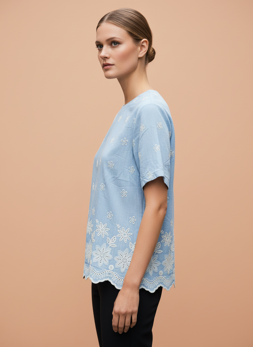 Women's Light Blue Floral Embroidered Cotton Top