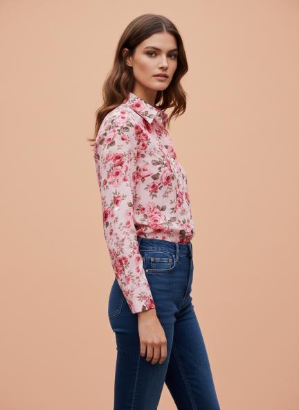 Premium Organza Pink And Green Regular Length Straight Hem Digital Print Shirt