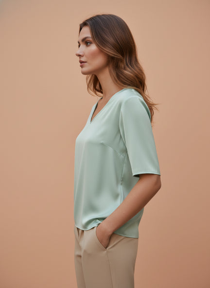 European Satin-Finish, V-Neck Top