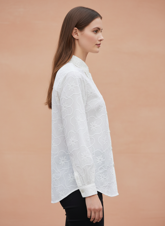 Women’s White Floral Embroidered Shirt with Lace Collar