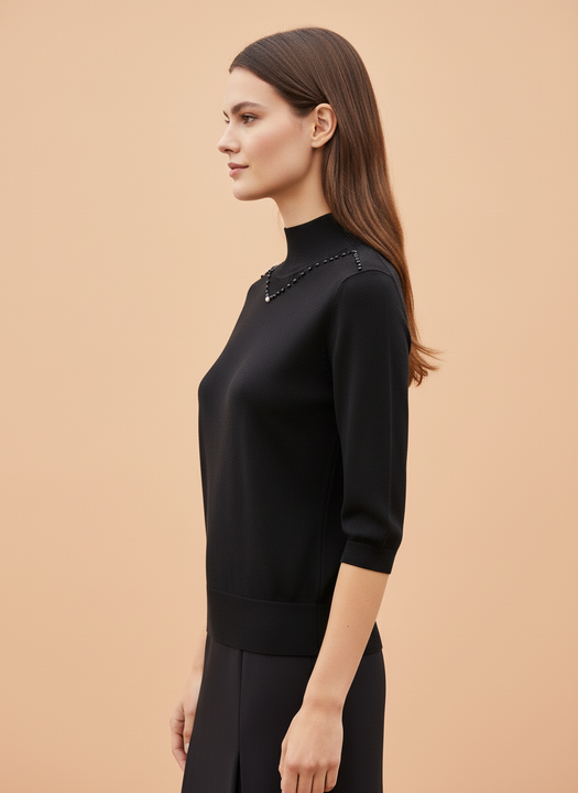 Black Beaded Mock Neck Knit Top