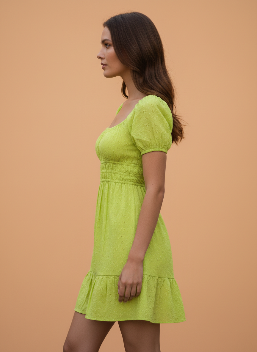 Lime Green Square Neck Puff Sleeve Mini Dress