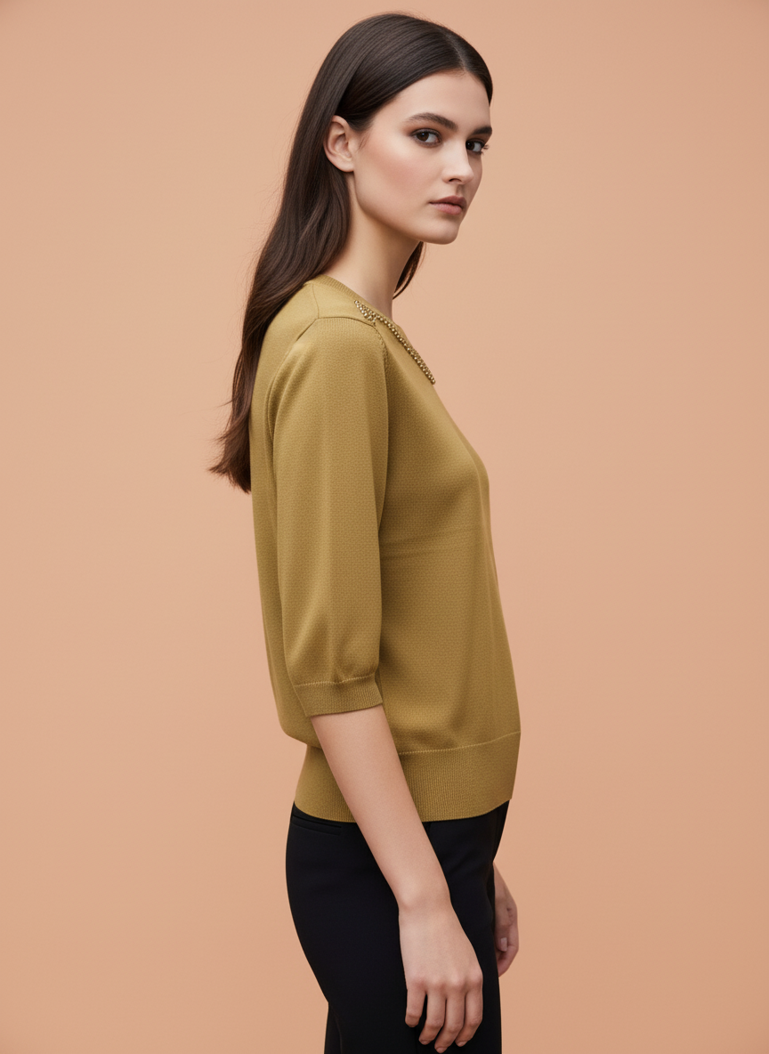Mustard Green Beaded Neck Knit Top