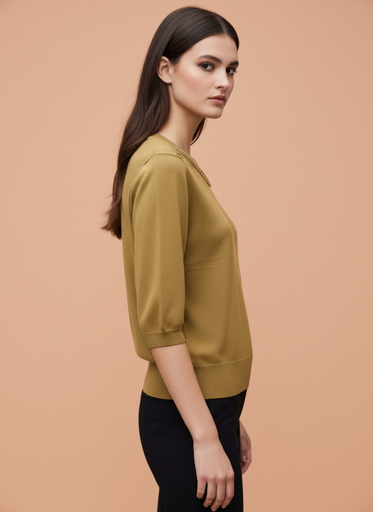 Mustard Green Beaded Neck Knit Top