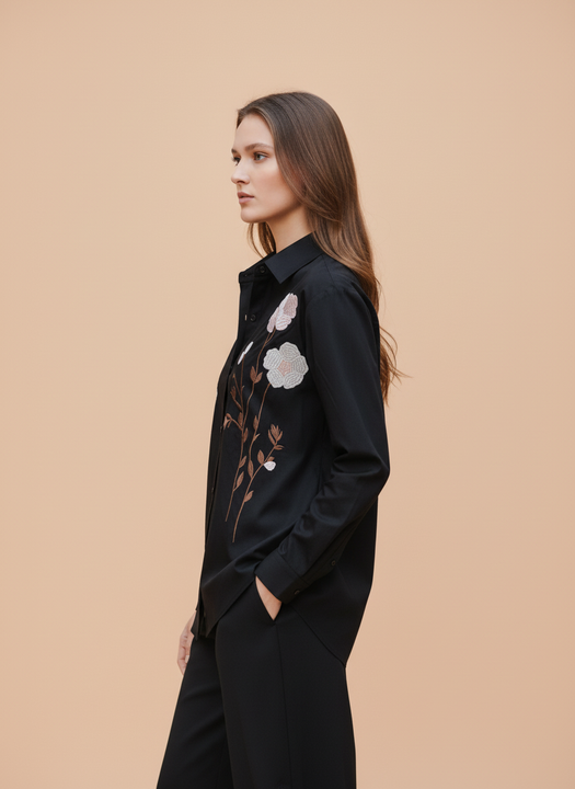 Elegant Black Floral Embroidered Shirt for Women