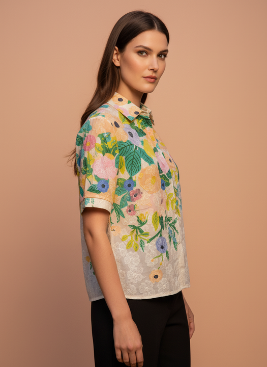 Multi-Color Floral Printed Lace Shirt for Women