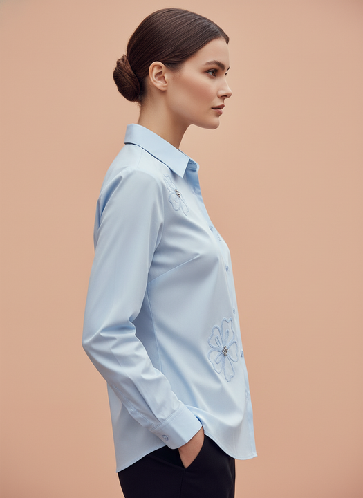 Light Blue Floral Embroidered Shirt for Women