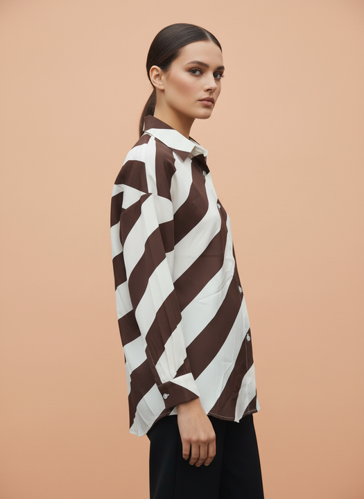 Women Brown & White Diagonal Stripe Button Down Shirt